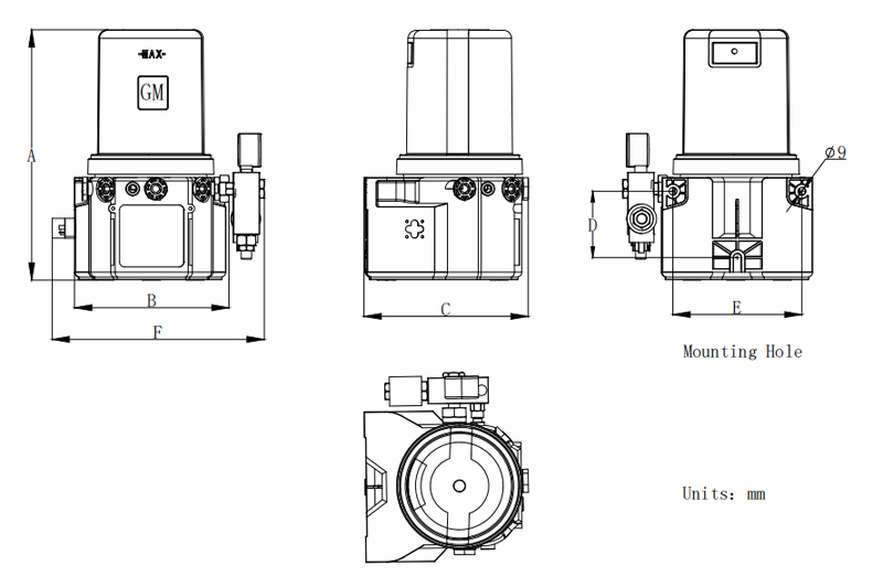 Disegno tecnico della pompa di lubrificazione a linea singola GMS Disegno tecnico della pompa di lubrificazione a linea singola GMS