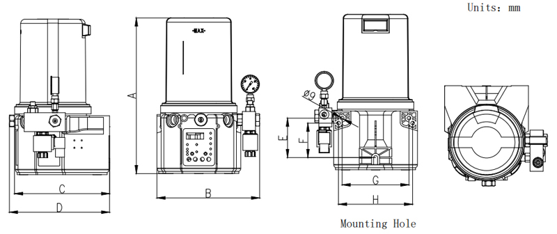 Disegno tecnico della pompa di lubrificazione a linea singola GTS Disegno tecnico della pompa di lubrificazione a linea singola GTS